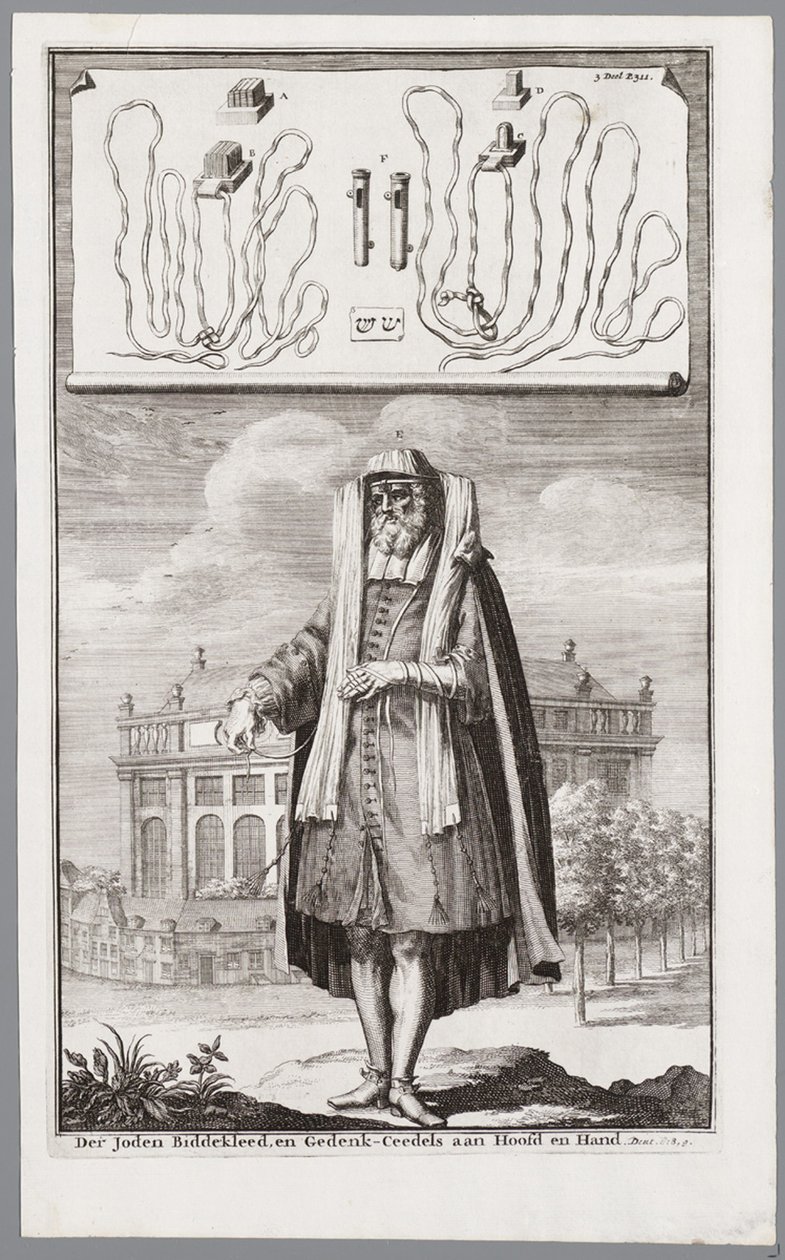 Jewish man, dressed for prayer. On the background the Portuguese Synagogue of Amsterdam by Jan Luyken