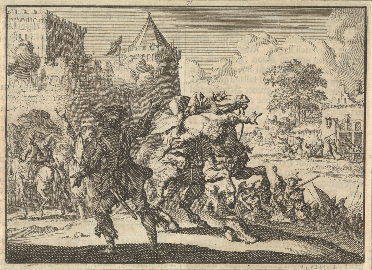 Imperial Commander Dampier Falls from His Horse After Being Shot from the Walls of Presburg (Bratislava), 1620 by Jan Luyken