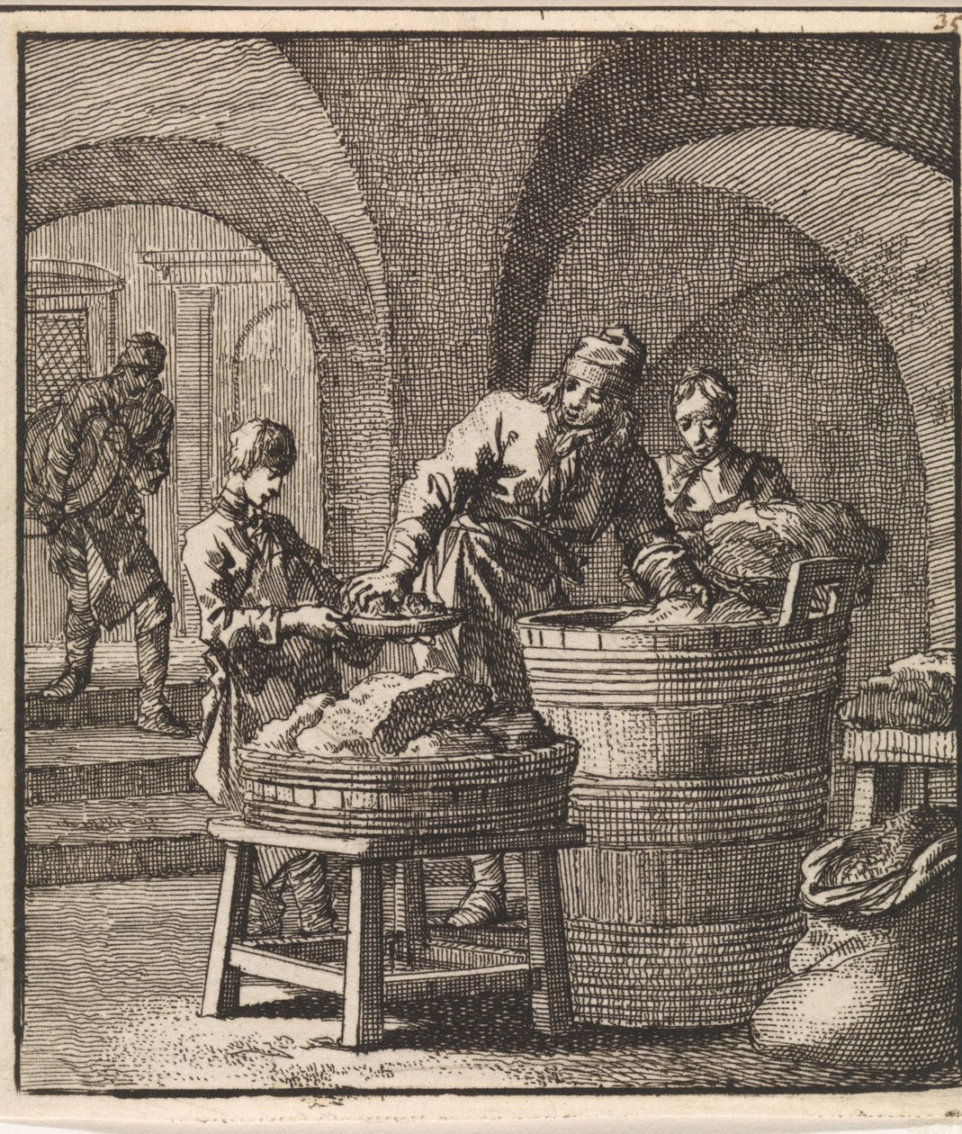 Men Putting Pieces of Meat and Salt in a Barrel by Jan Luyken