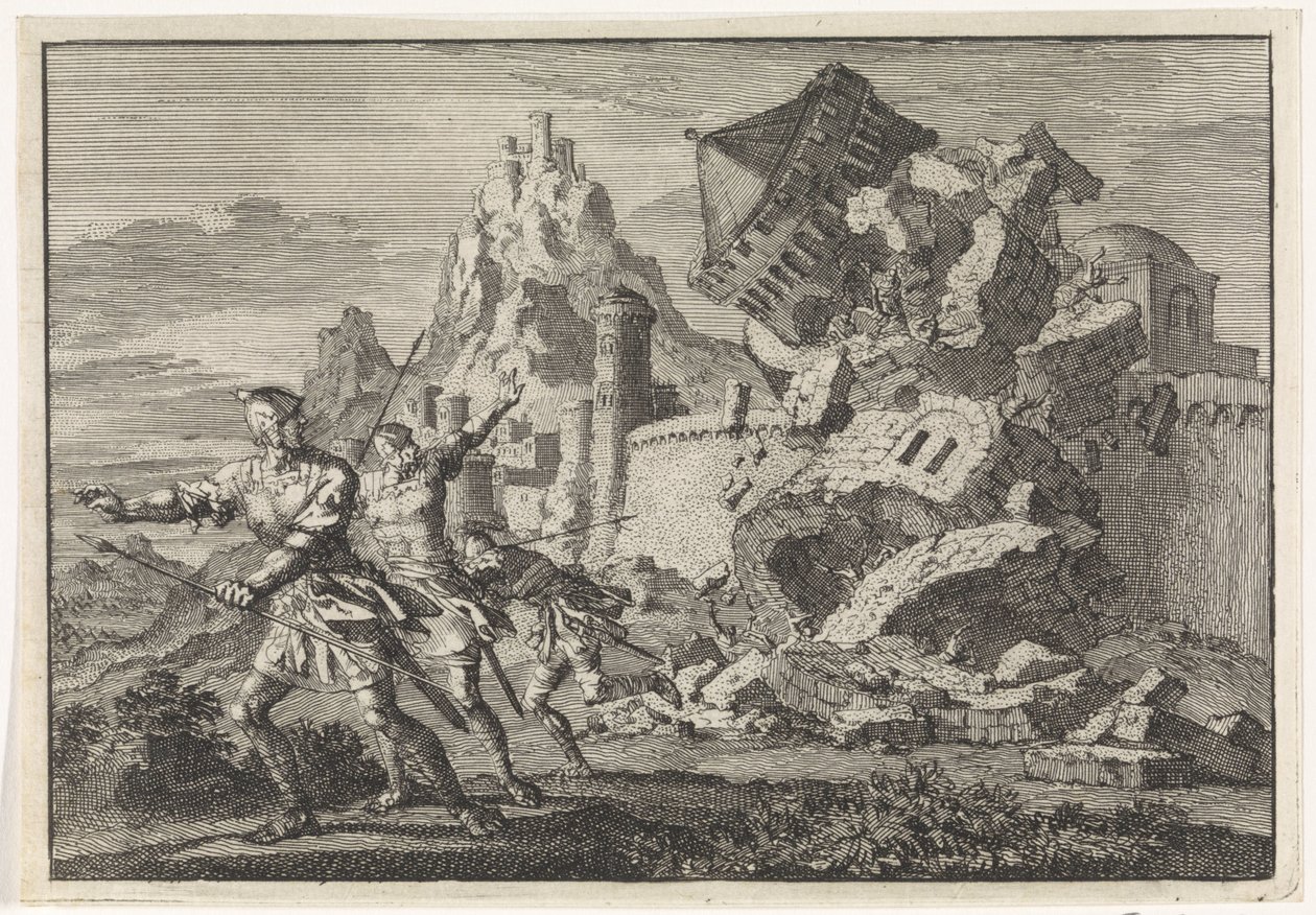 Roman Soldiers Collapse a Tower on the Wall of Gamala by Undermining by Jan Luyken