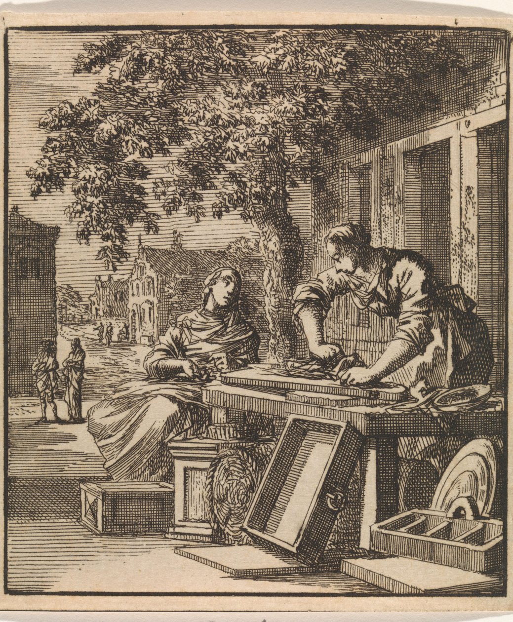 In Front of a House, a Man is Sanding Wood by Jan Luyken