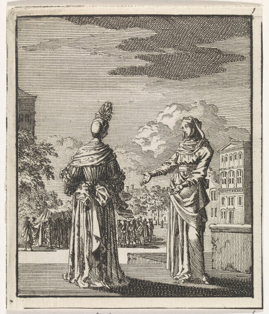 Woman Pointing Lady to a Passing Funeral Procession by Jan Luyken