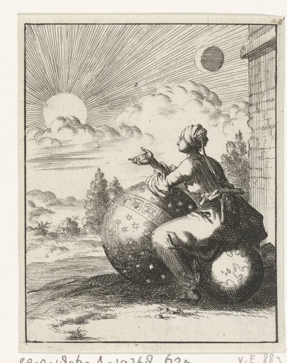 Woman Seated on a Earth Globe and Leaning on a Celestial Globe Looking at the Sunset by Jan Luyken