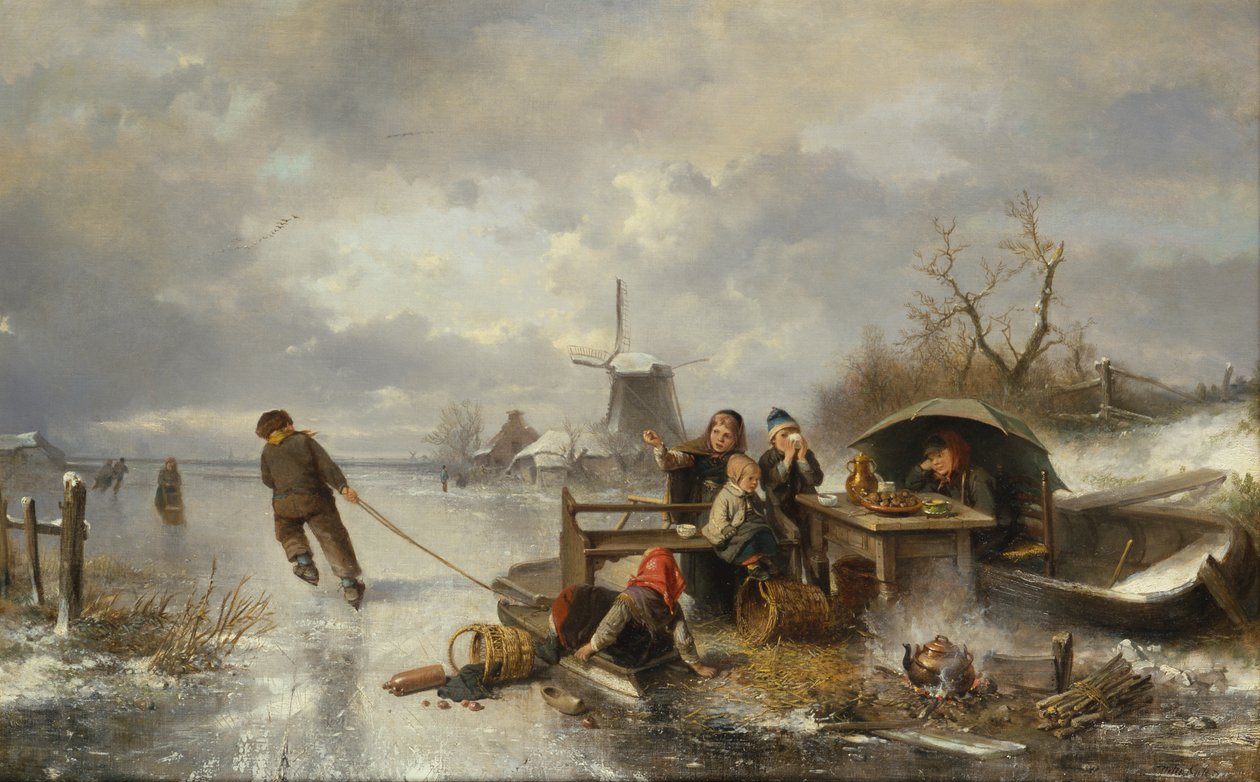 Children Playing on a Frozen Lake in a Winter Landscape by Jan Mari Henri Ten Kate