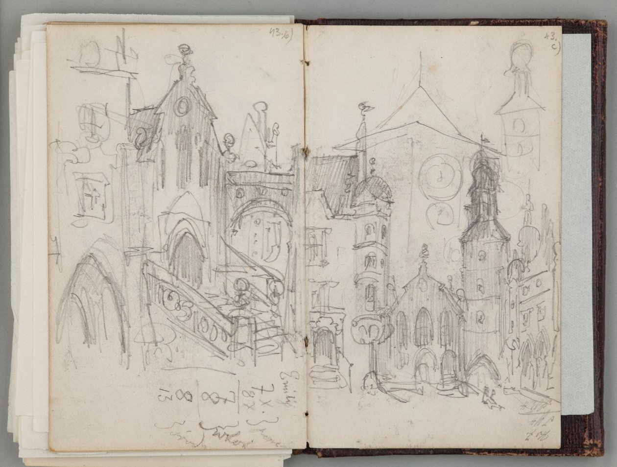 Munich Sketchbook by Jan Matejko. Single-sided Drawing. Obverse: Study of the Old Marienplatz in Munich and Study of Towers. by Jan Matejko