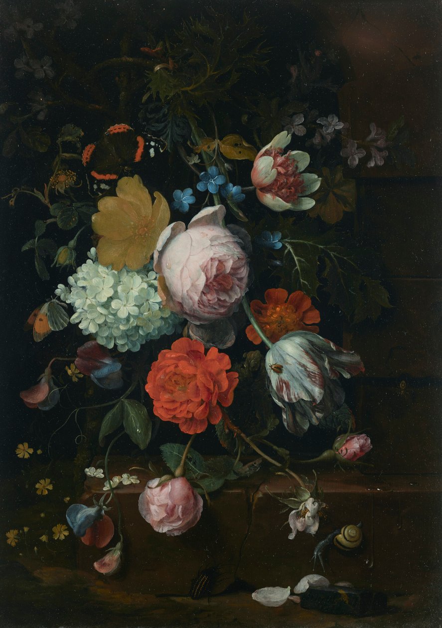 A Bouquet of Peonies, Tulips, Roses and Other Flowers on a Ledge, with Butterflies, a Snail and a Beetle by Jan Mortel