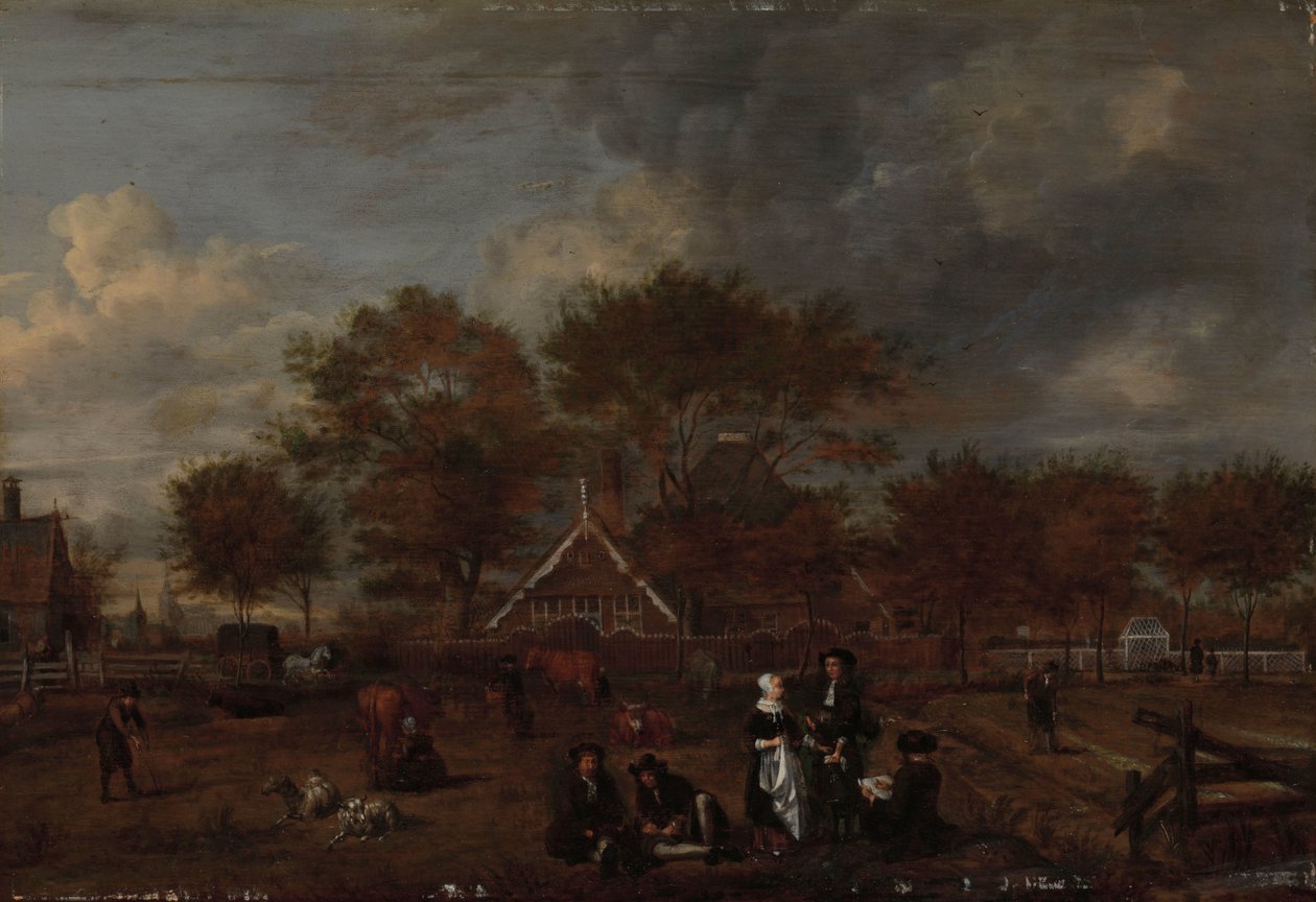 Farmstead with the Gentleman Farmer and his Wife and the Painter in the Foreground by Jan Pietersz Opperdoes