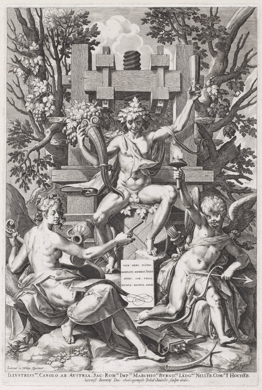 Bacchus Seated on a Barrel between Amor and Music by Jan Sadeler I, after Joos van Winghe