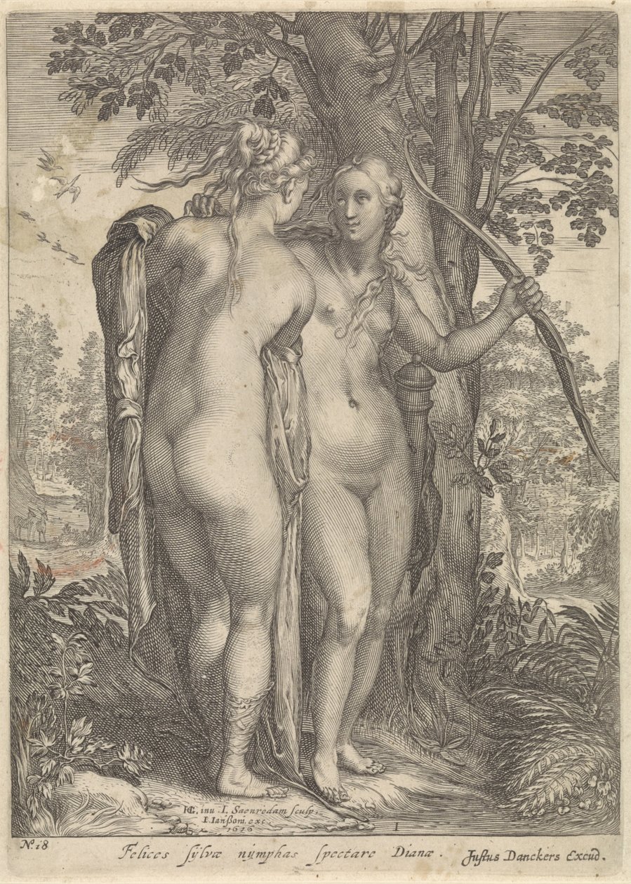Diana and a Nymph Before a Tree (series title: Diana and Her Nymphs) by Jan Saenredam