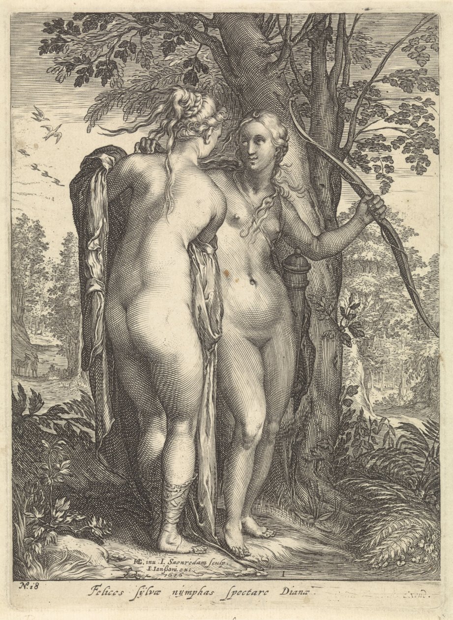 Diana and a Nymph Before a Tree (series title: Diana and Her Nymphs) by Jan Saenredam