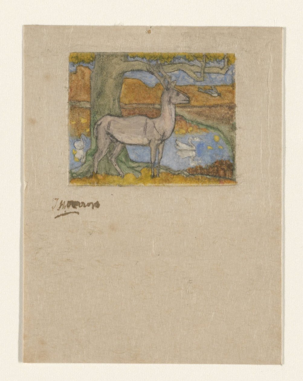 Deer by a Tree in Front of a Pond by Jan Toorop (signed by artist)