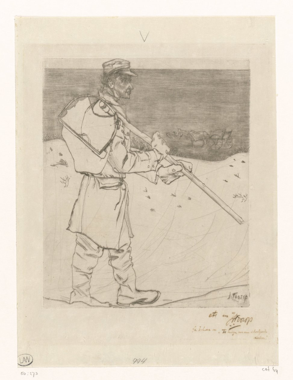 Shell Fisherman with Net on the Beach at Katwijk aan Zee by Jan Toorop (signed by artist)