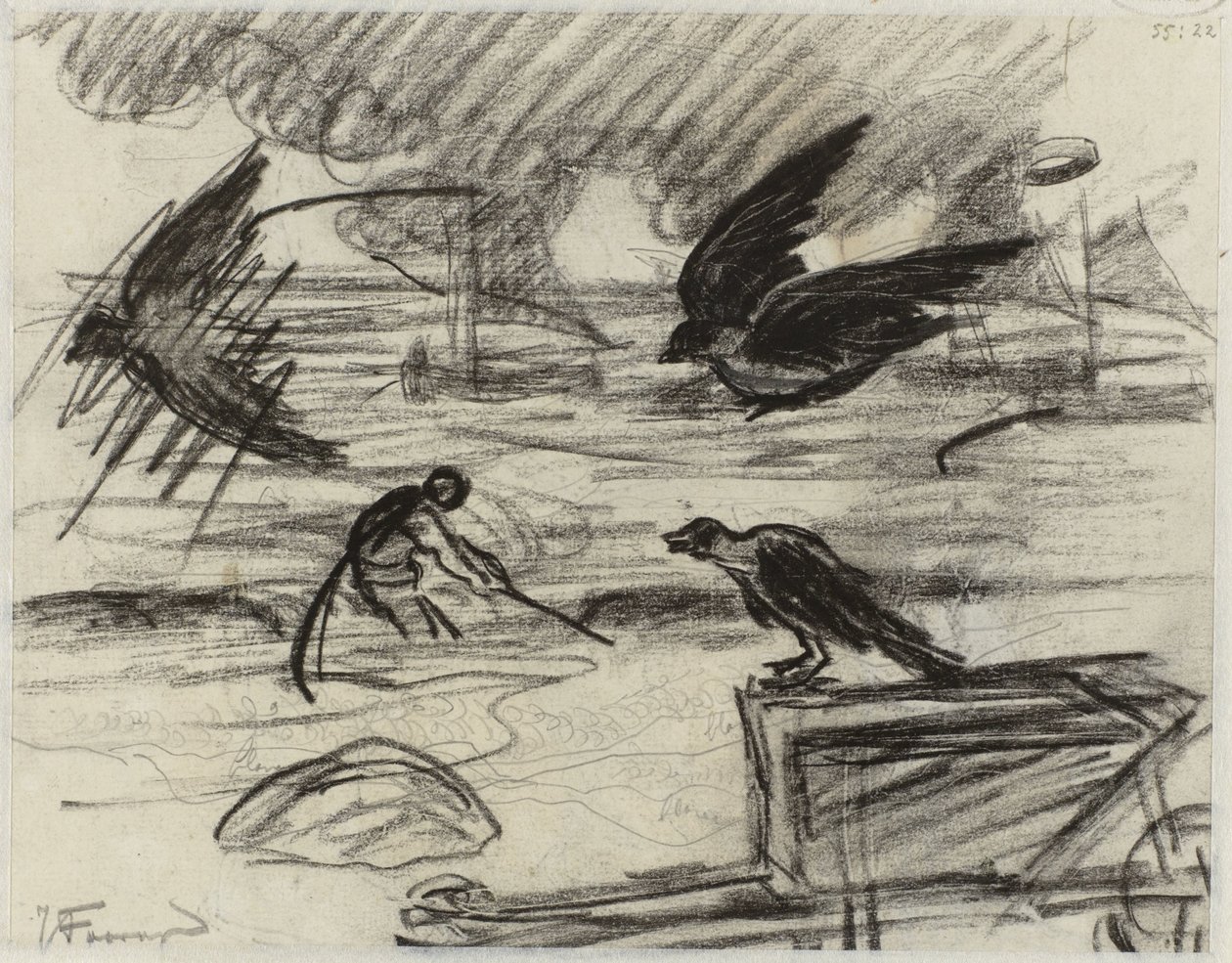 Seascape with Fisherman, in the Foreground a Wheelbarrow with Birds by Jan Toorop