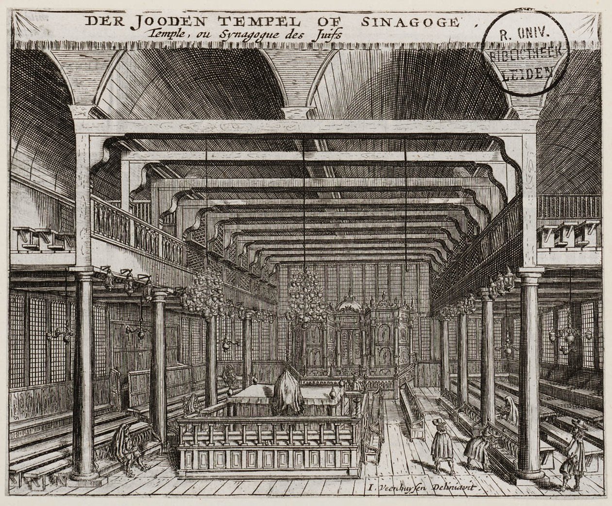 Interior of the Portuguese Synagogue in Amsterdam by Jan Veenhuysen