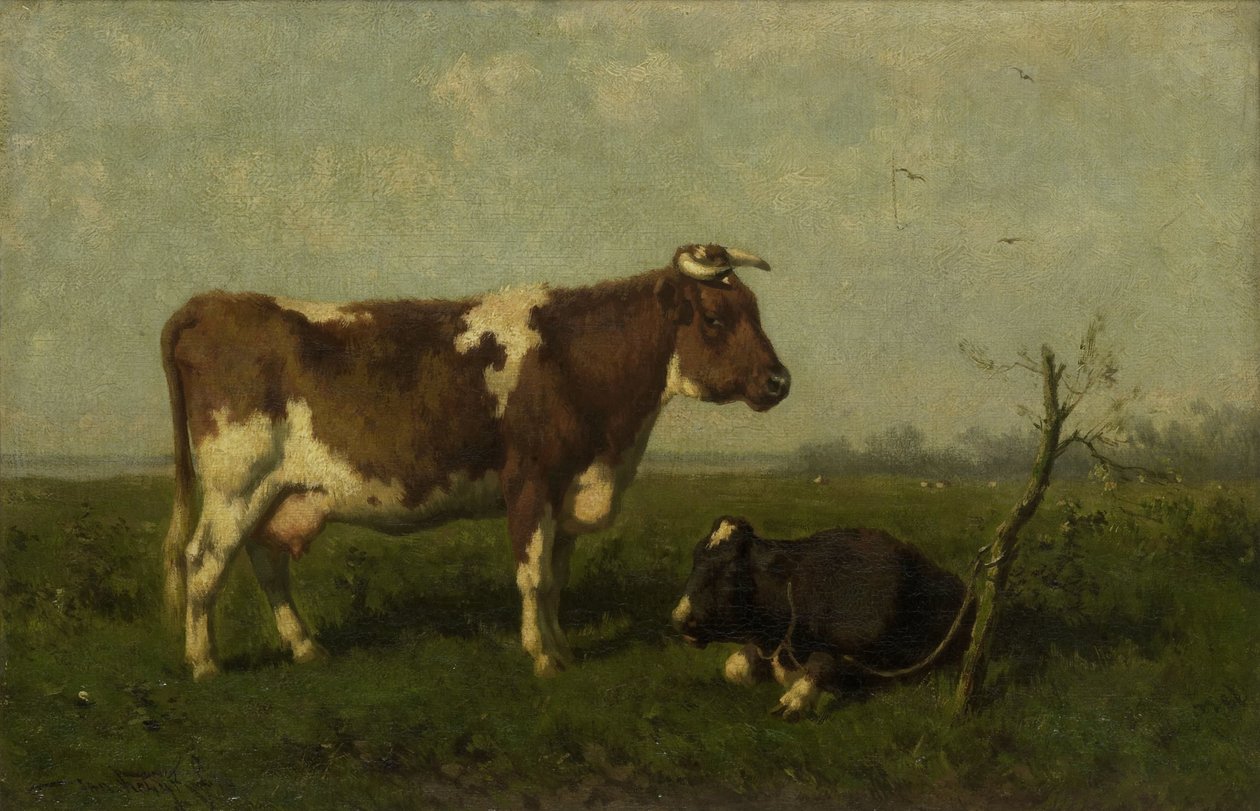 A Cow with her Calf in a Meadow by Johannes Martinus Vrolijk