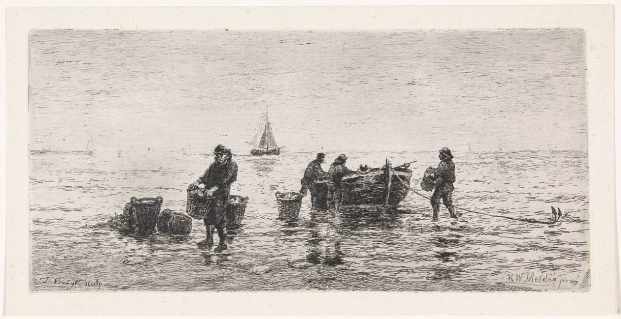 Fishermen Emptying a Sloop on the Beach by Johannes Martinus Vrolijk
