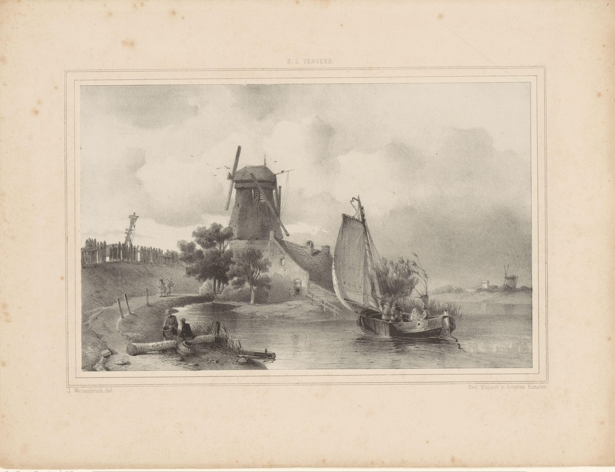 View of River with Sailboat and Mill by Jan Weissenbruch