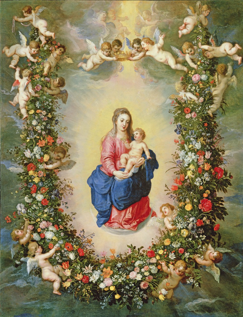The Virgin and Child encircled by a garland of flowers held aloft by cherubs, c.1624 by Jan and Balen, Hendrik van Brueghel