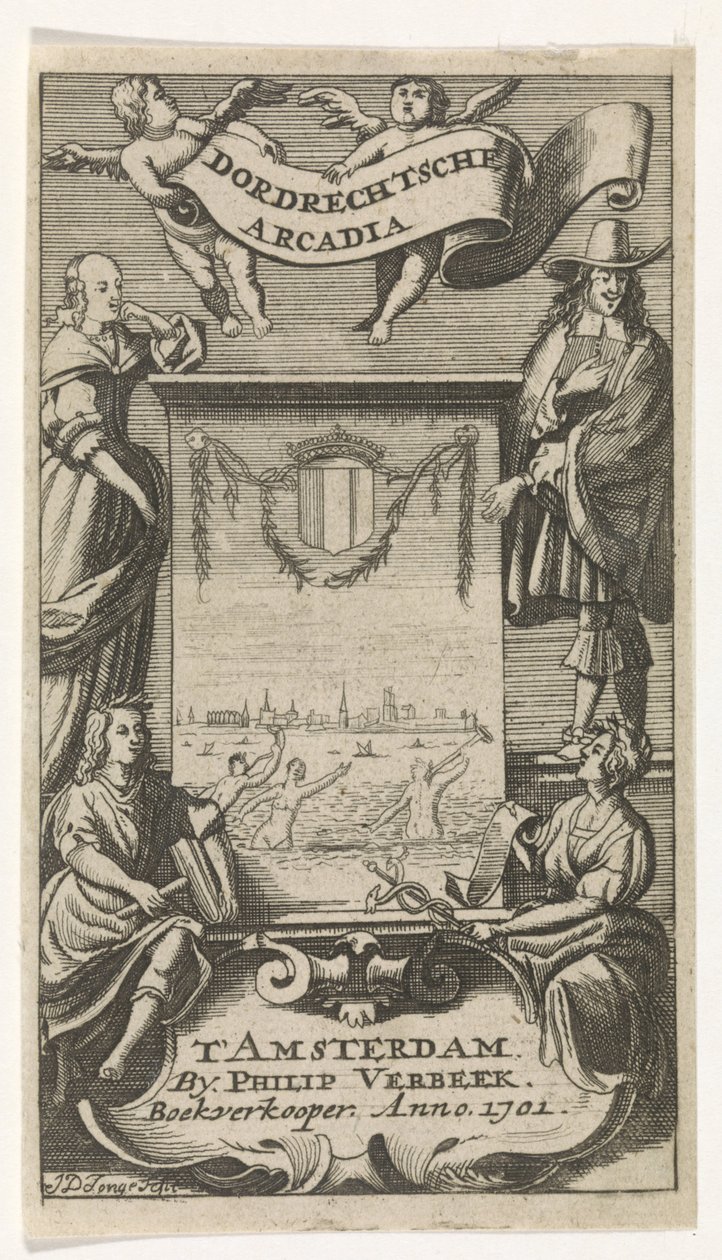 Four Figures Around Frame with View of Dordrecht (Title Page for: Dordrechtsche Arcadia, 1701) by Jan de Jonge