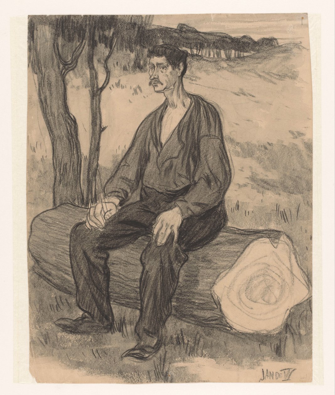 Man Sitting on Tree Trunk by Jan de Waardt (signed by artist)