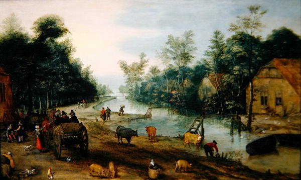 A Wooded River Landscape in Summer with Travellers Arriving at an Inn by Jan the Elder (circle of) Brueghel