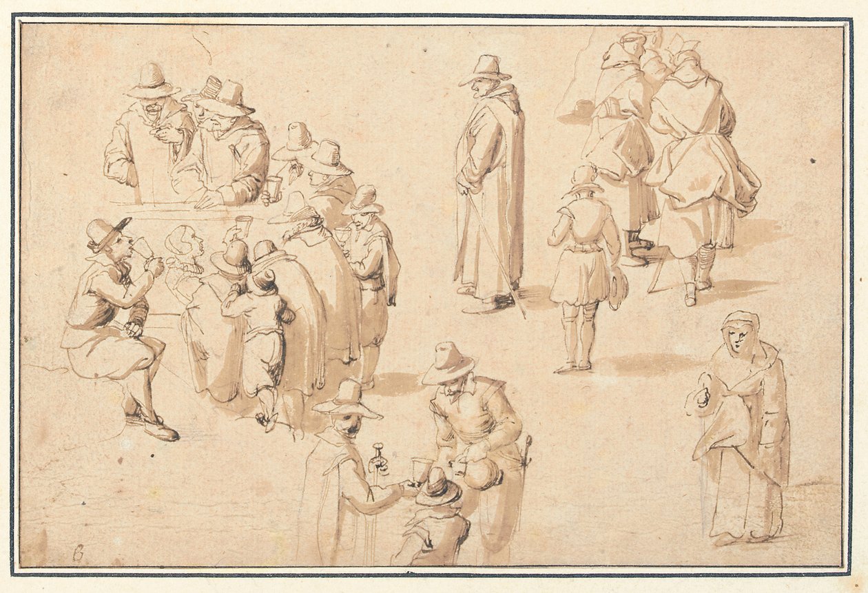 A Fountain at Spa with Studies of Elegant Figures Taking the Waters and of Two Monks and a Priest by Jan the Elder Brueghel