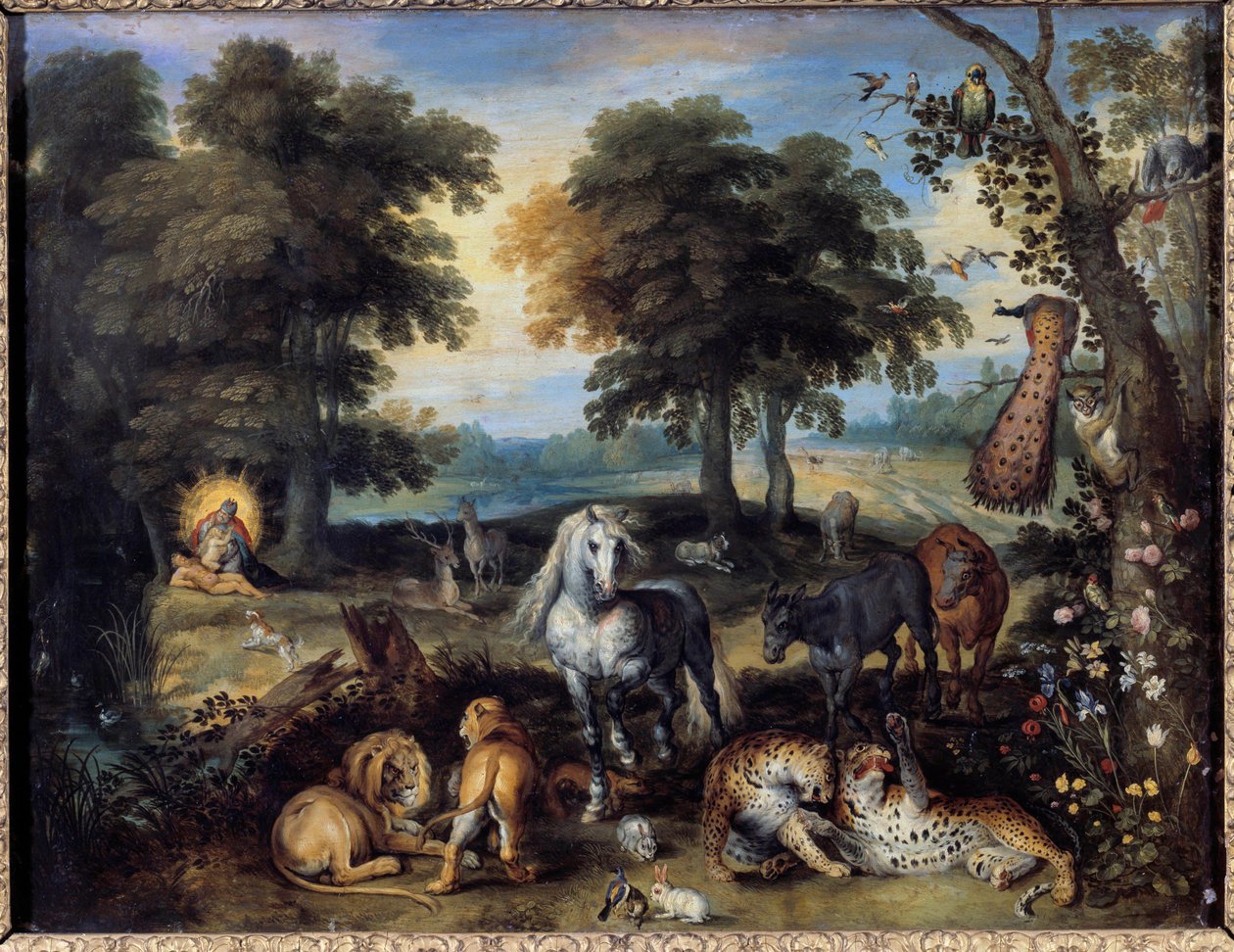 The Earth Paradise Different animals cohabiting in the Garden of Eden, at the bottom to the left, God creates Eve from a side of Adam. by Jan the Elder Brueghel