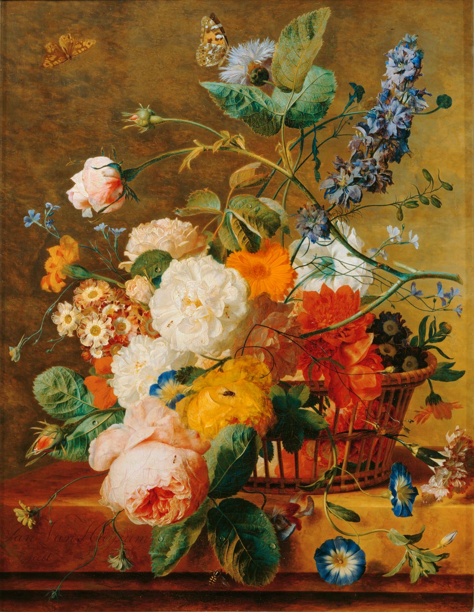 Basket of Flowers with Pedestal against a Park Background by Jan van (follower of) Huysum