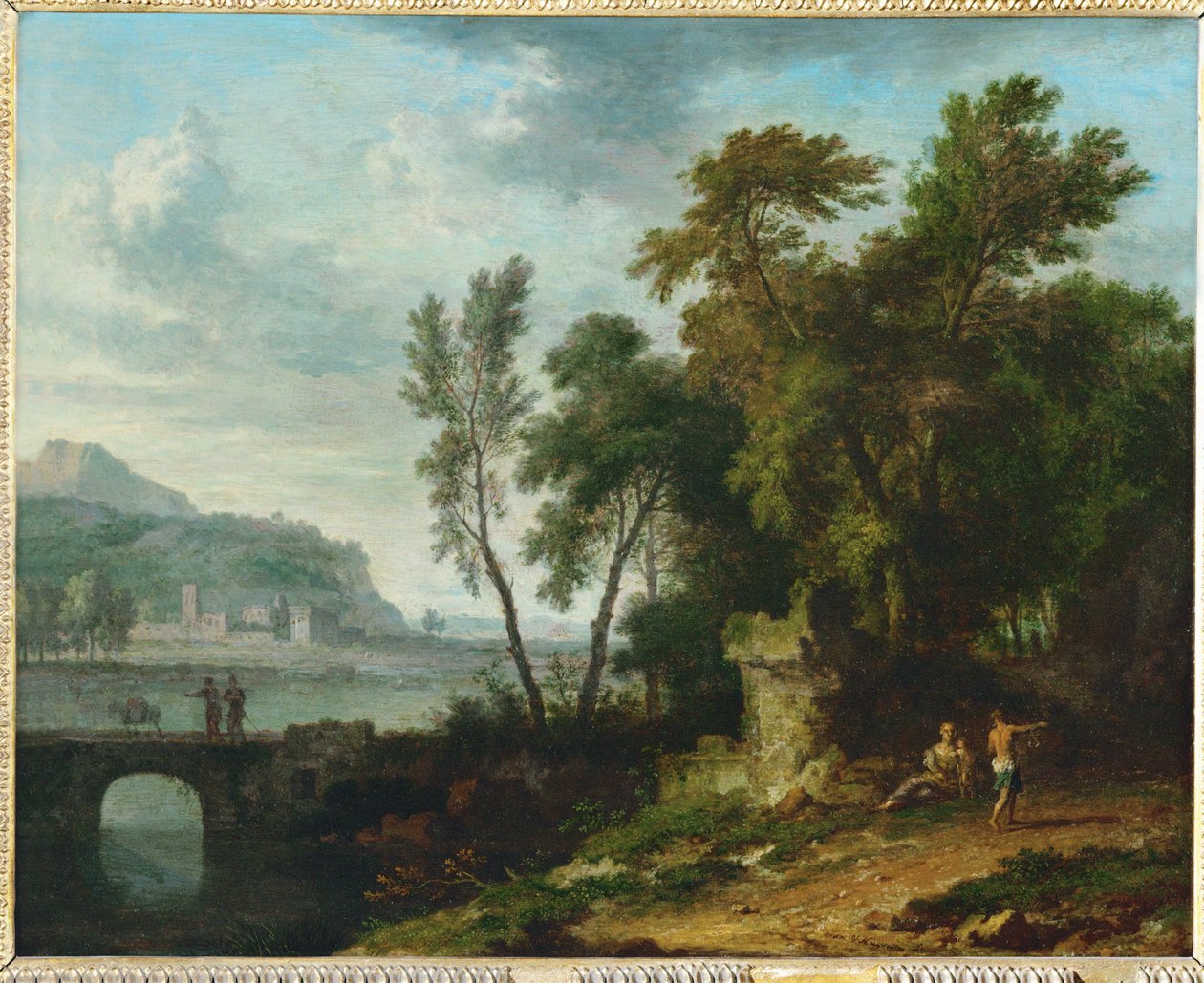 Animated Landscape with Ruin and Bridge by Jan van (follower of) Huysum