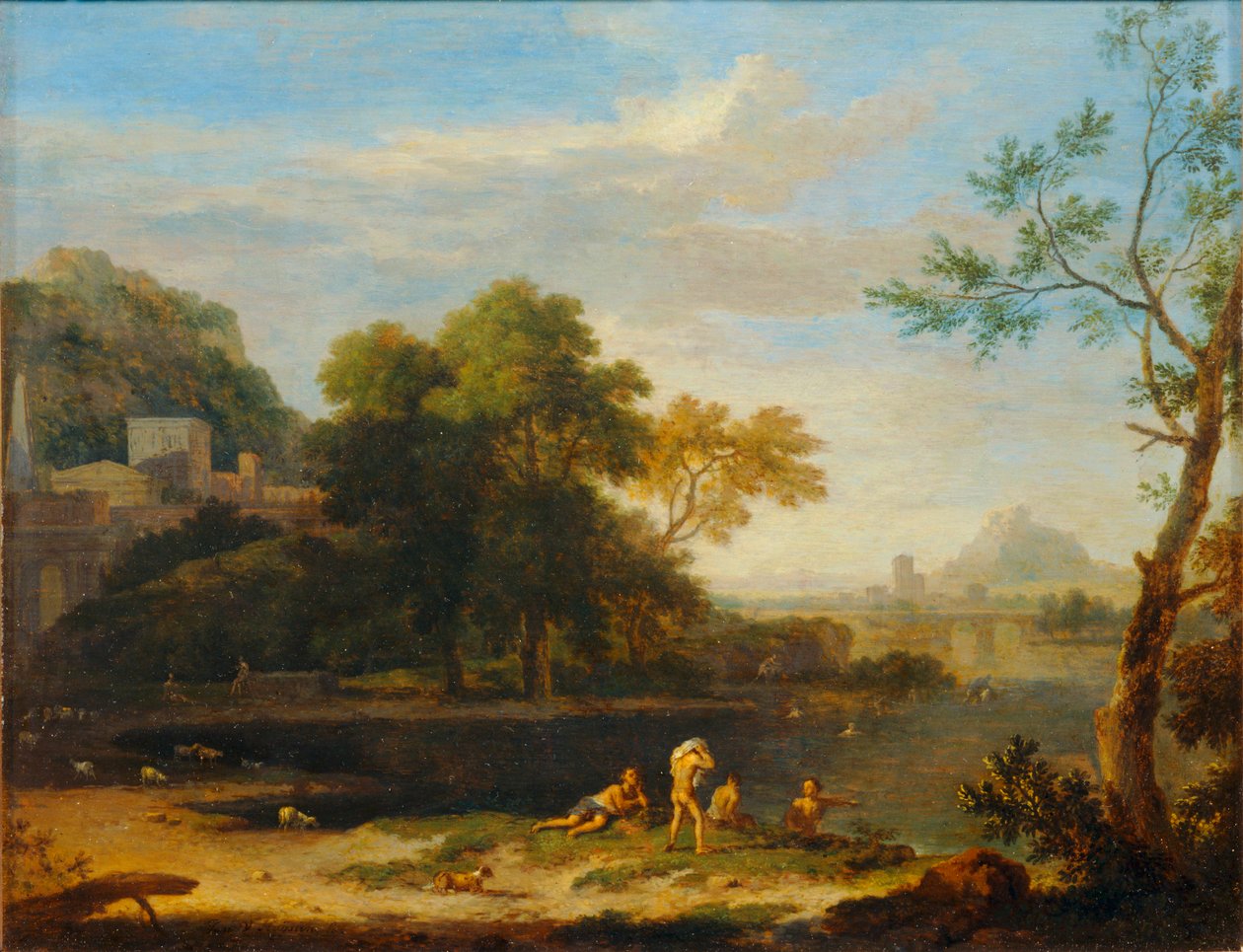 Landscape with Bathers by Jan van (follower of) Huysum