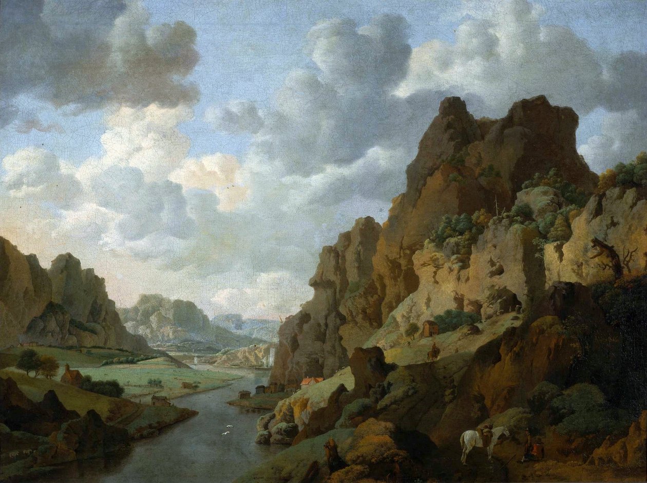 Rocky landscape with resting travelers by Jan van Aken