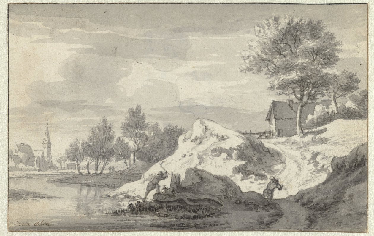 Landscape with Figures Chopping Wood on the Banks of a River by Jan van Aken