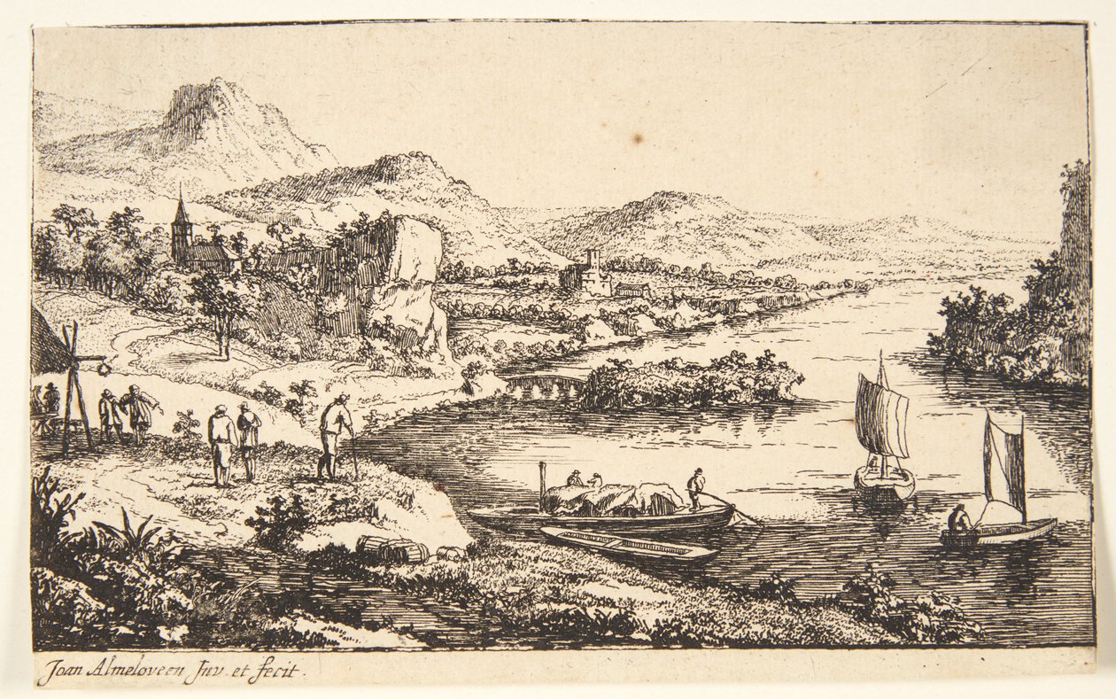 River Landscape with Travelers, a Barge, and Two Sailing Boats by Jan van Almeloveen