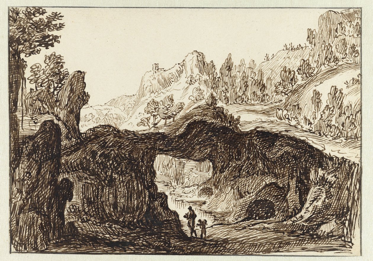 Rocky Mountain Landscape with Two Travelers in the Foreground by Jan van Almeloveen