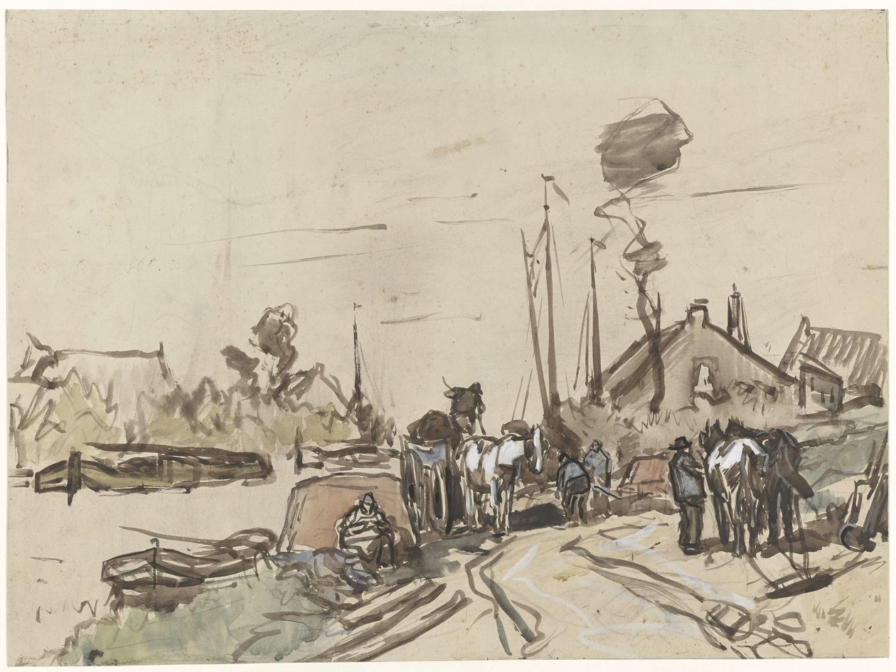 Unloading Carts by a Canal by Jan van Essen