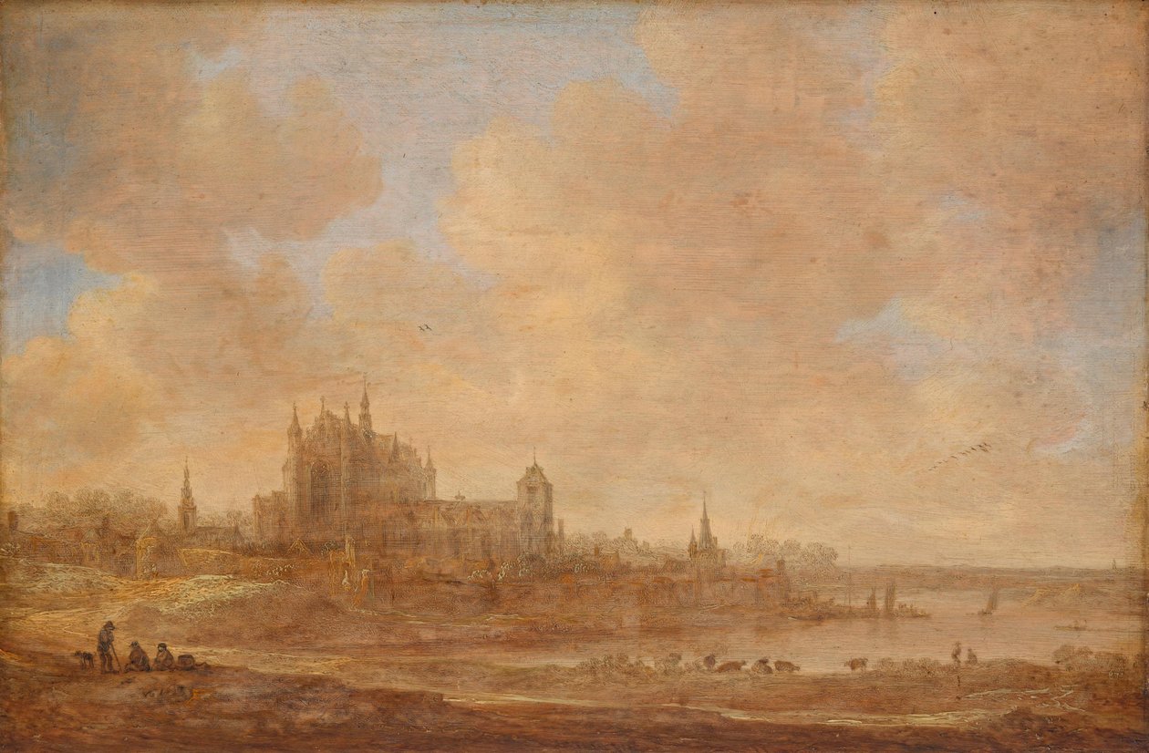 River Landscape with the Leiden Hooglandse Kerk by Jan van Goyen
