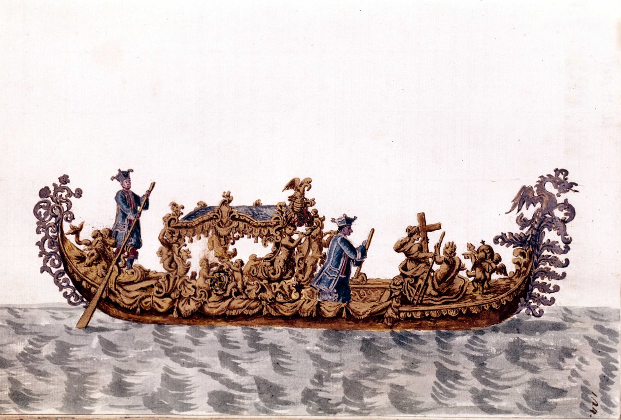A royal gondola. Watercolour drawing and ink from the manuscript 