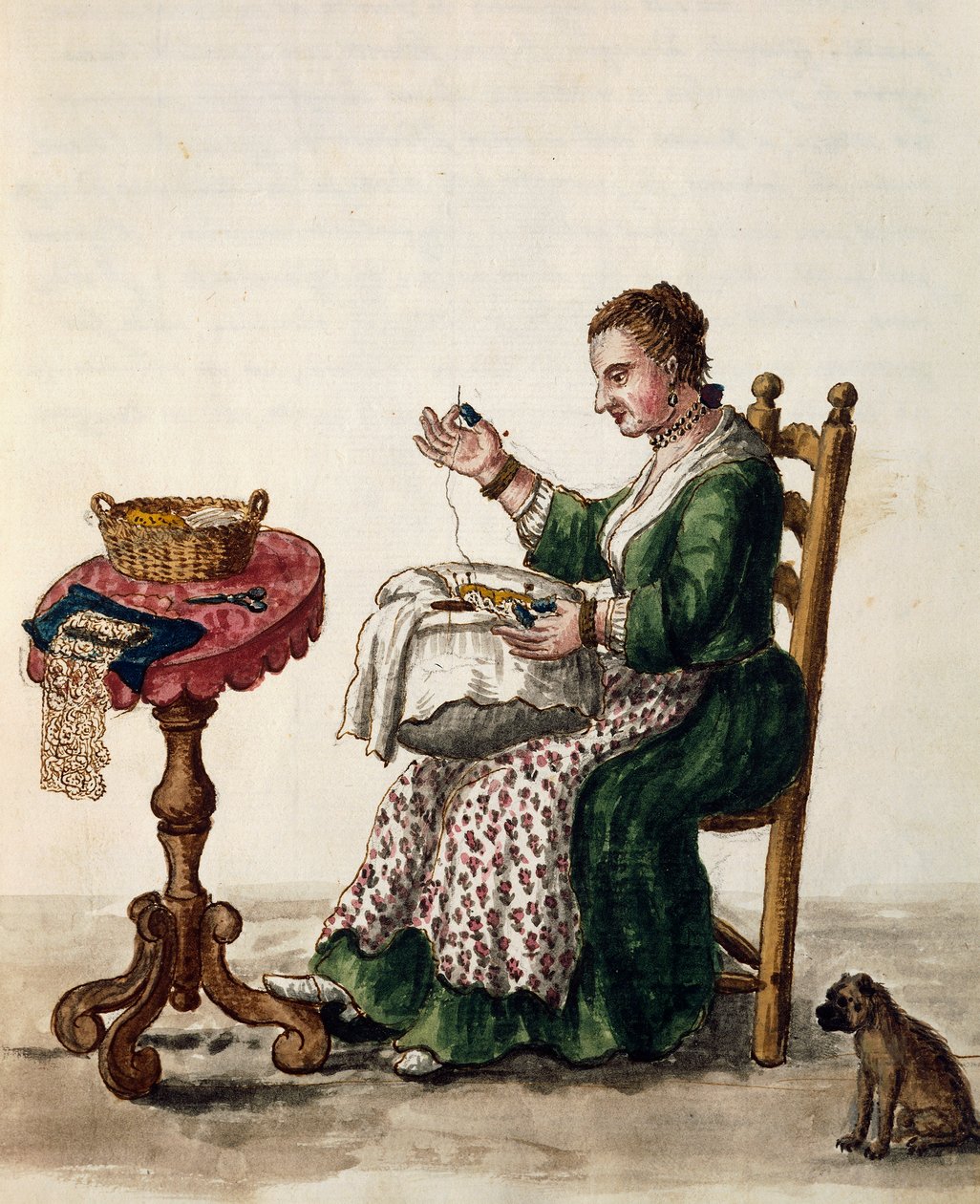 Woman making punto in aria needle lace, illustration from Illustrated book of Venetian costumes, Volume III by Jan van Grevenbroeck