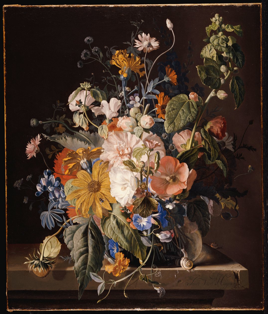 Poppies, Hollyhock, Morning Glory, Viola, Daisies, Sweet Pea, Marigolds and Other Flowers in a Vase with a Snail on a Ledge by Jan van Huysum