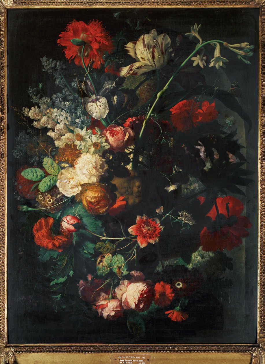 Vase with flowers on a socle by Jan van Huysum