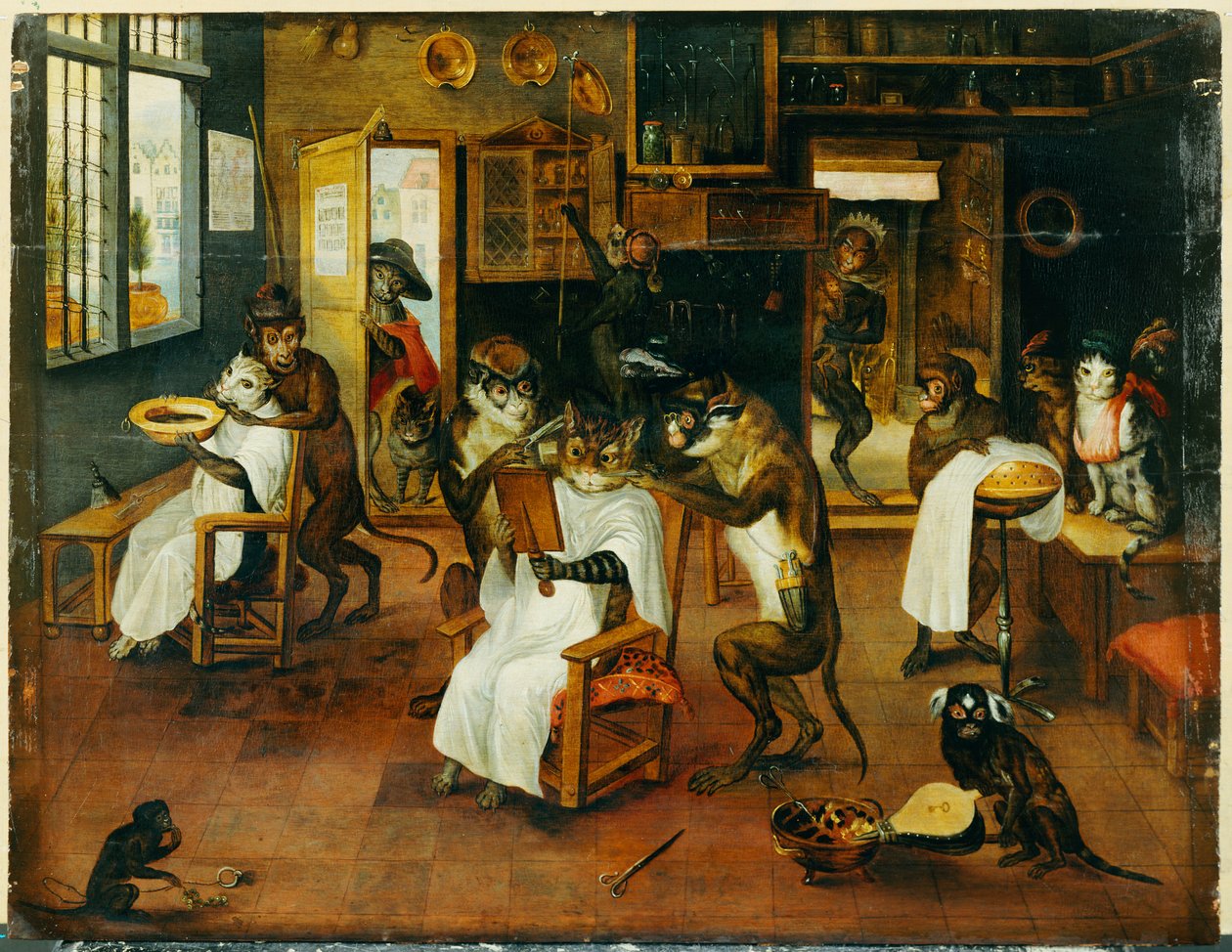 A Singerie: Monkey Barbers Serving Cats by Jan van Kessel