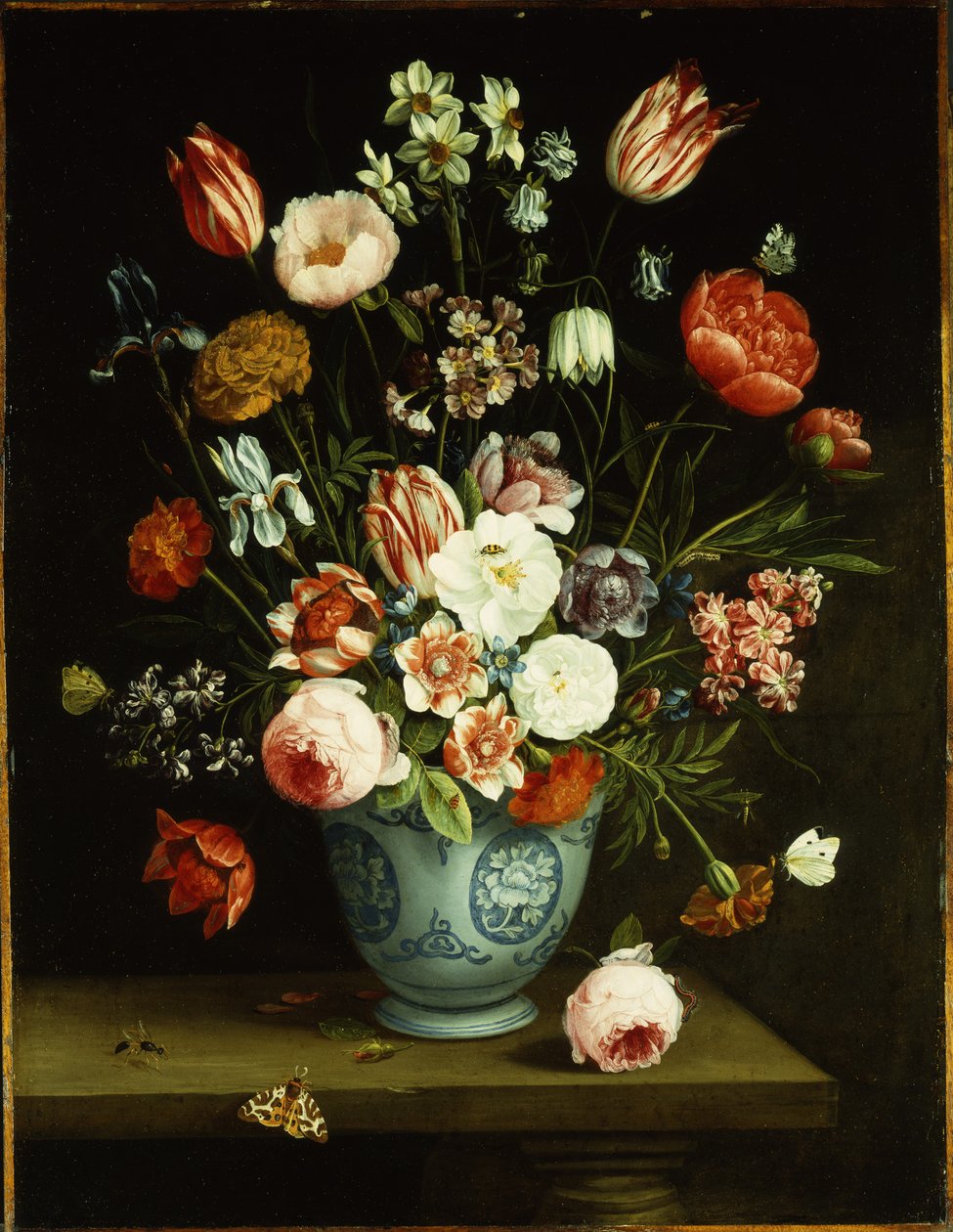 Flowers in a Blue and White Porcelain Vase, with Moths and Other Insects on a Ledge by Jan van Kessel