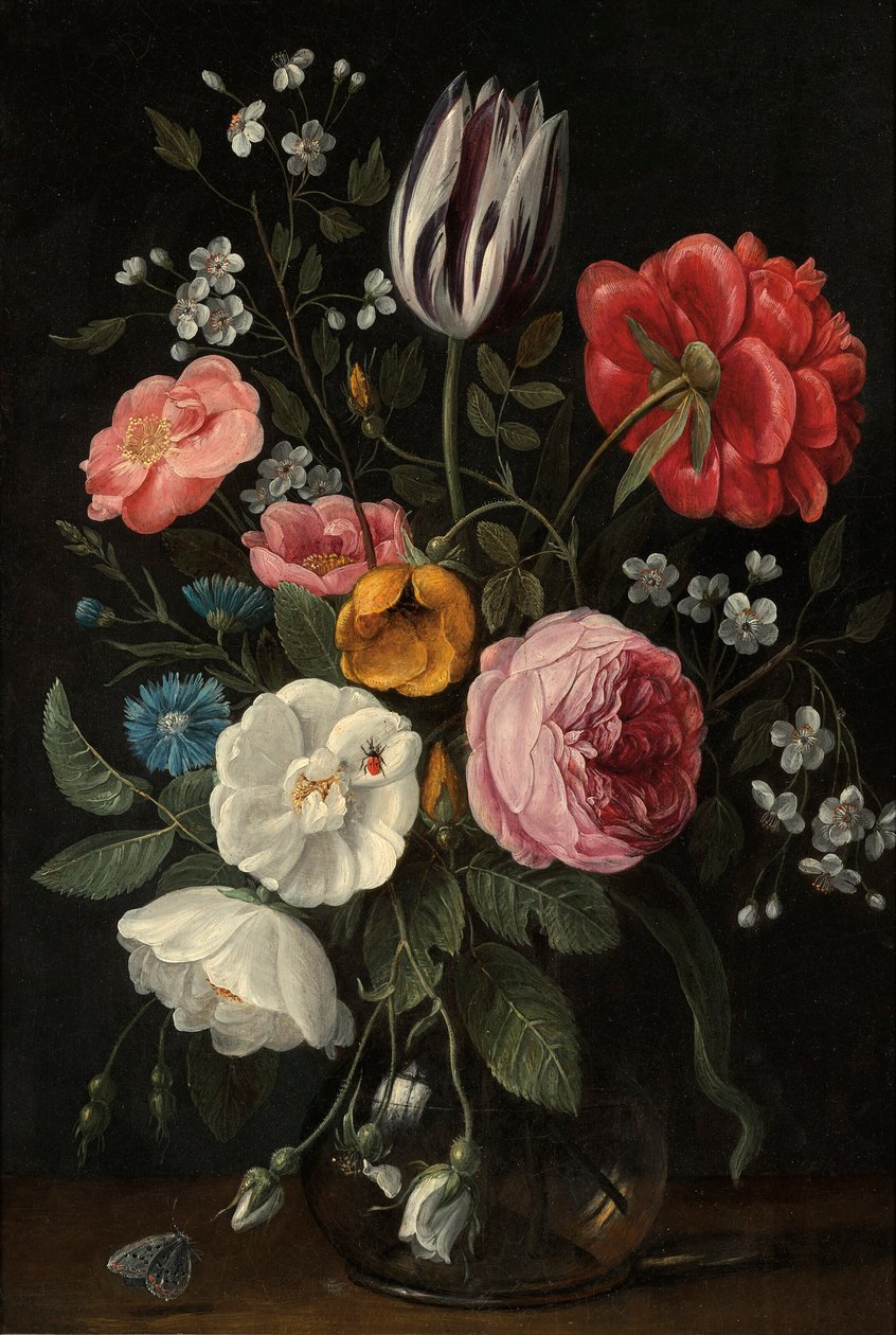 Roses, a Tulip, a Peony, a Cherry Blossom and a Centaurium in a Glass Vase on a Ledge by Jan van Kessel the Elder