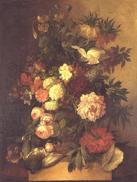 Peonies, roses and other flowers in an urn by Jan van Os