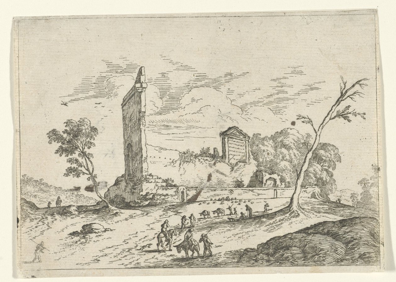 Landscape with Roman Ruin and Donkey Herders by Jan van Ossenbeeck (attributed to)