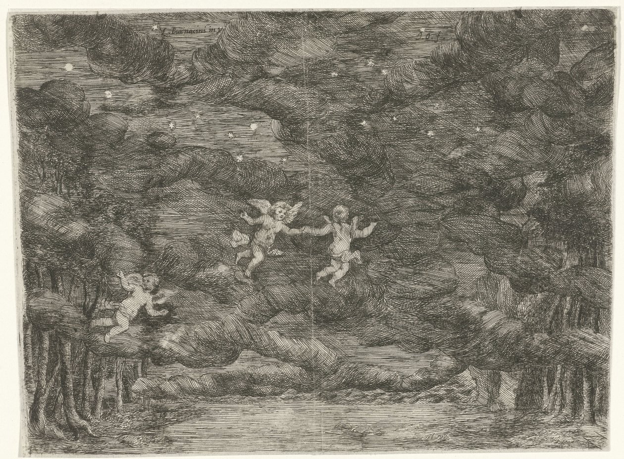 Theatrical Set with Angels in the Night Sky