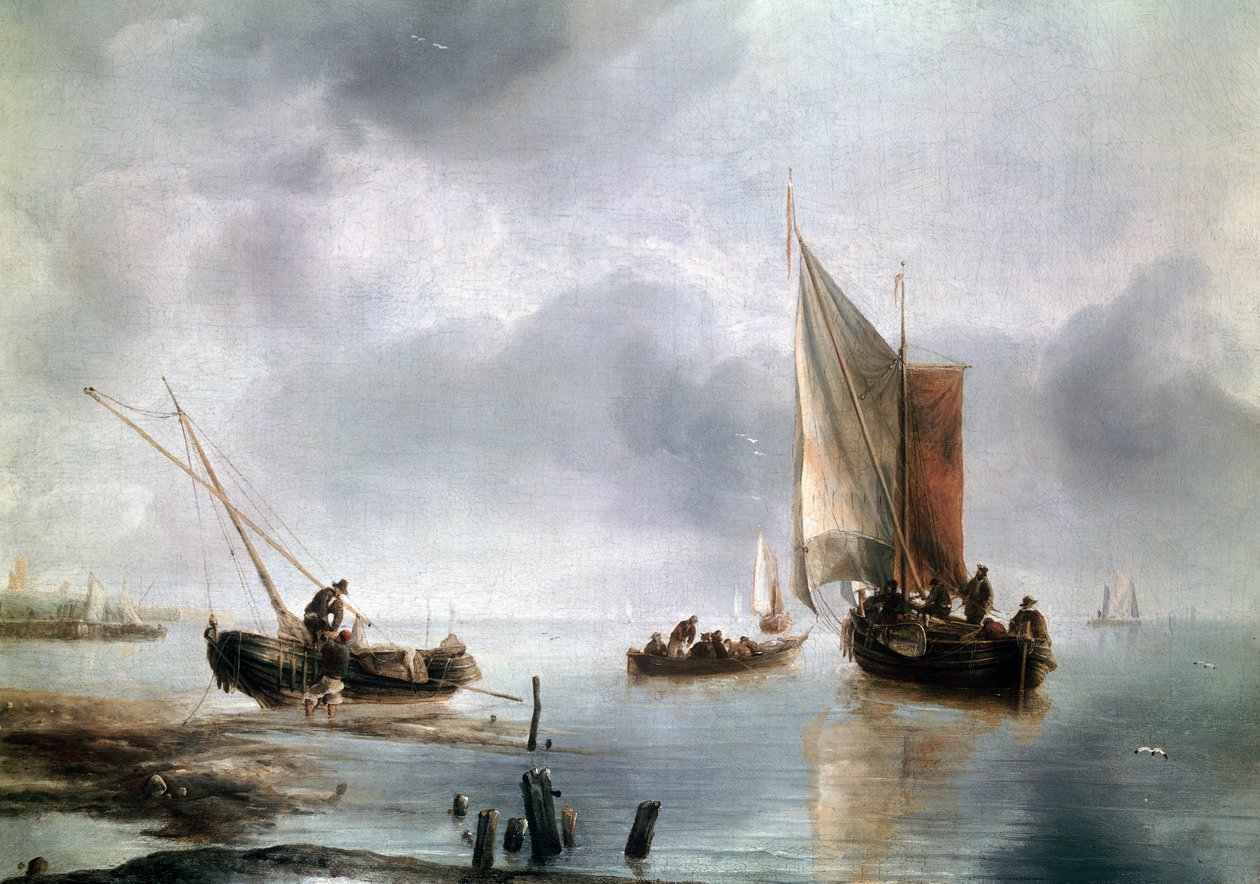A small vessel in light airs, and another ashore, ca 1650-1660, by Jan van de Cappelle by Jan van de Capelle or Cappelle
