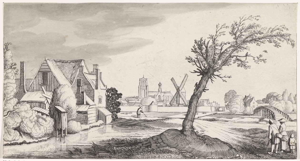 Family by a House with a City in the Background (series title: Pleasant Landscapes and Delightful Sights) by Jan van de Velde (II)
