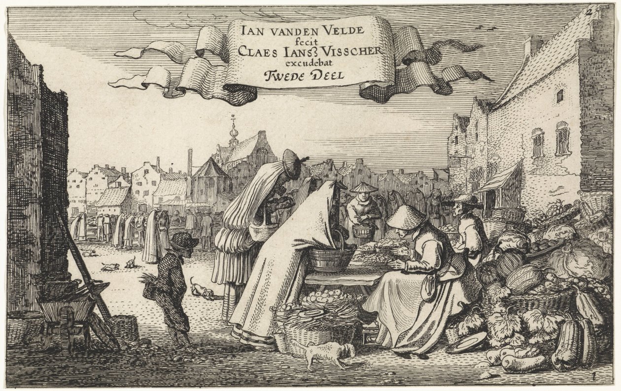Figures at a Vegetable Stall in a Market (series title: Landscapes, Amenissimae Aliquot Requculae) by Jan van de Velde (II)