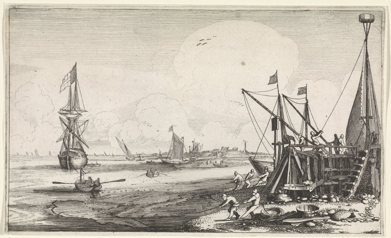 Harbor Head with Fishermen Hauling in Their Nets by Jan van de Velde (II)